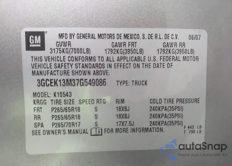 2007 Chevrolet Silverado 1500 Lt2 из США, поврежденный, VIN 3GCEK13M37G549086